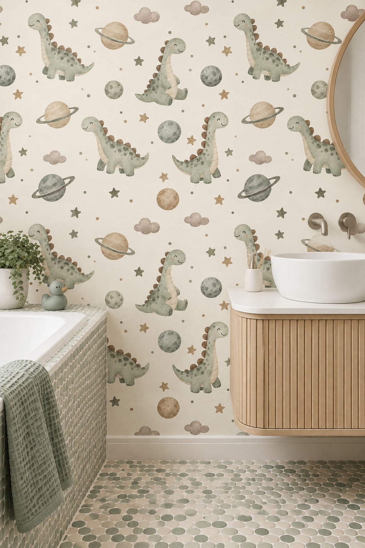 Uzay Temalı Sevimli Dinozor Duvar Kağıdı Yeşil Çocuk Odası
