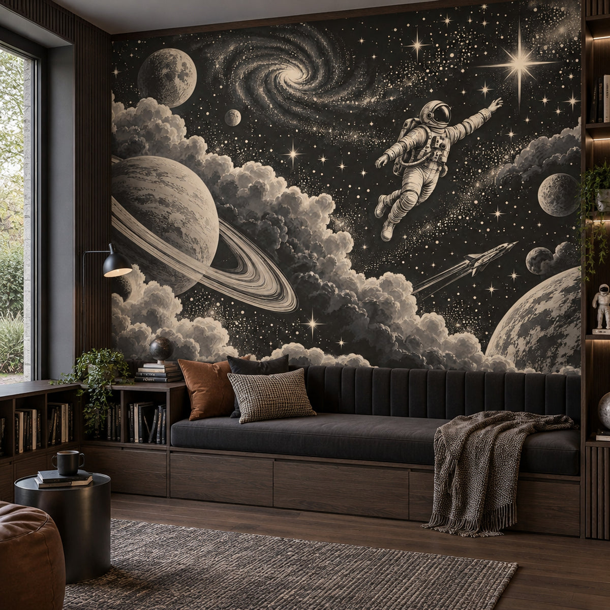 Astronot ve Gezegenli Poster Duvar Kağıdı Siyah Uzay Teması