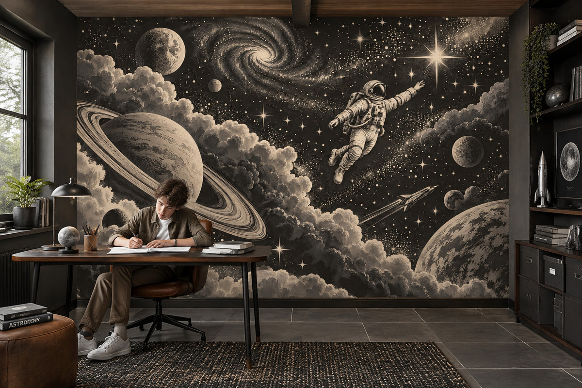 Astronot ve Gezegenli Poster Duvar Kağıdı Siyah Uzay Teması