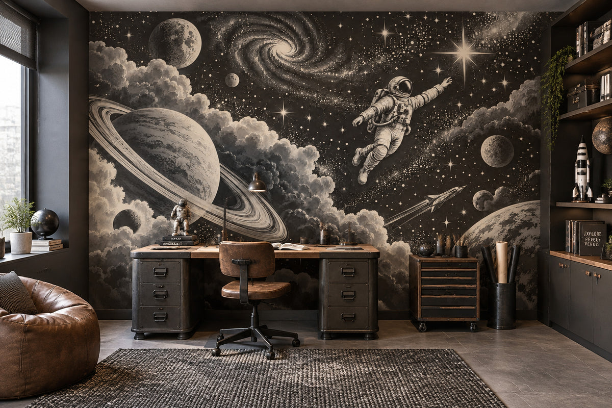Astronot ve Gezegenli Poster Duvar Kağıdı Siyah Uzay Teması