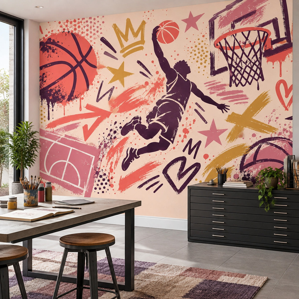 Grafiti Basketbol Poster Duvar Kağıdı Mor Turuncu Genç Odası