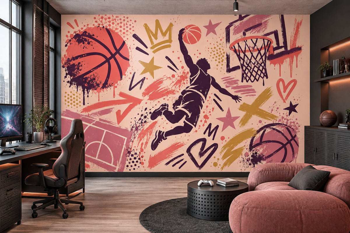 Grafiti Basketbol Poster Duvar Kağıdı Mor Turuncu Genç Odası