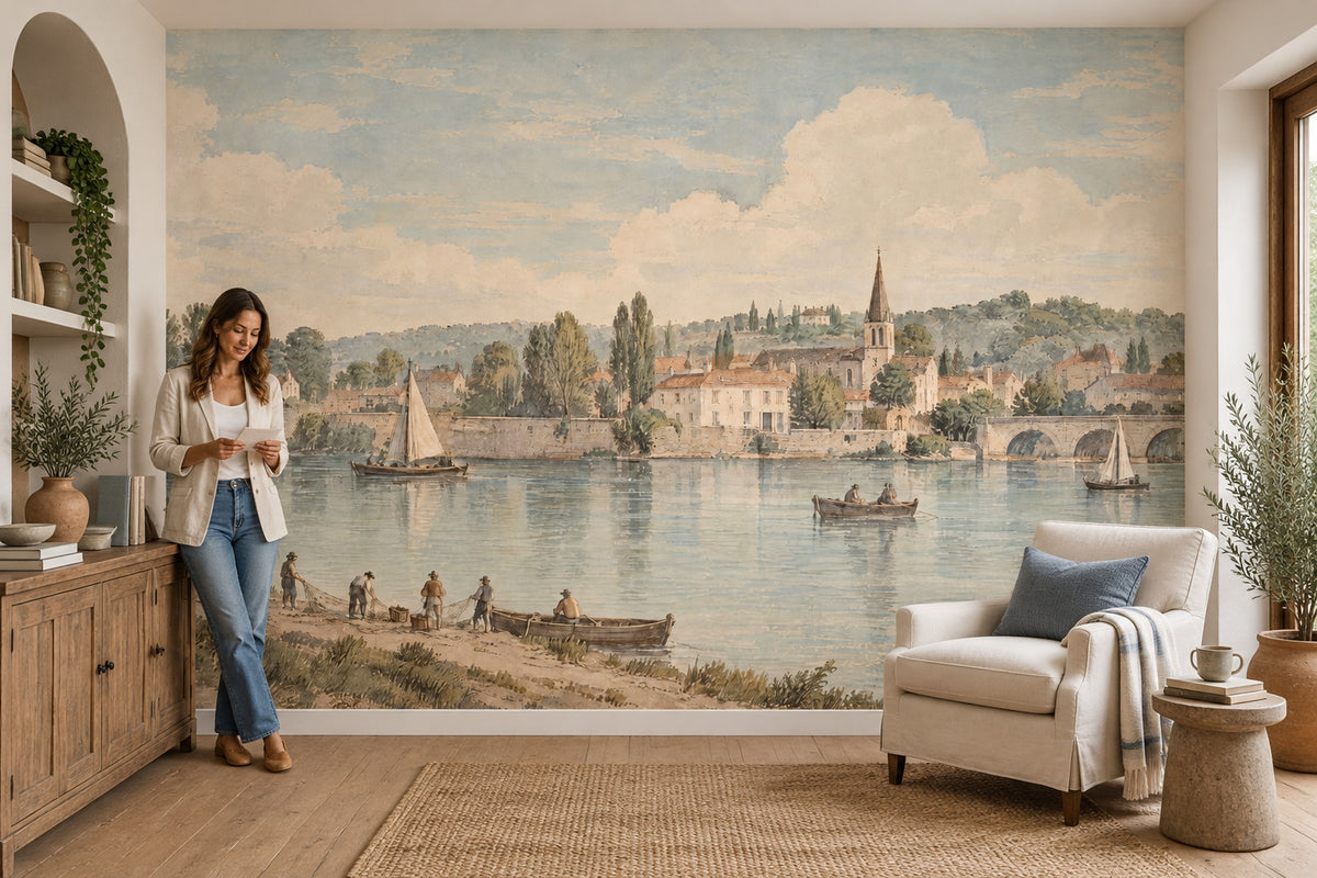 Nehir Kıyısı Kasaba Manzaralı Poster Duvar Kağıdı Pastel Salon