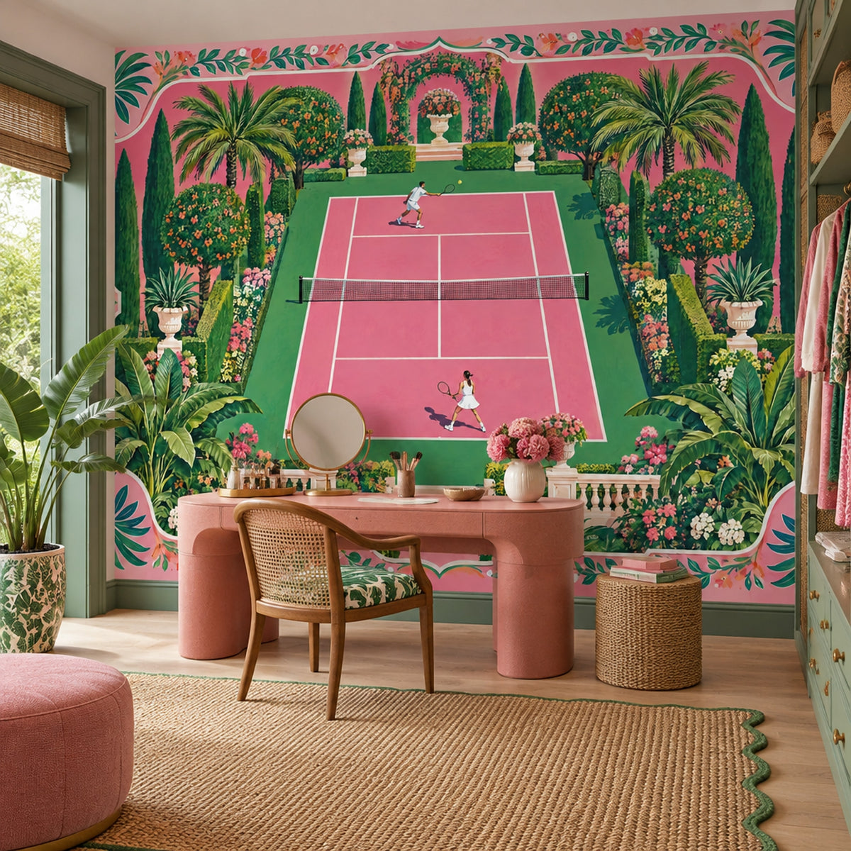 Tenis Kortu Poster Duvar Kağıdı Pembe Yeşil Bahçe Desenli