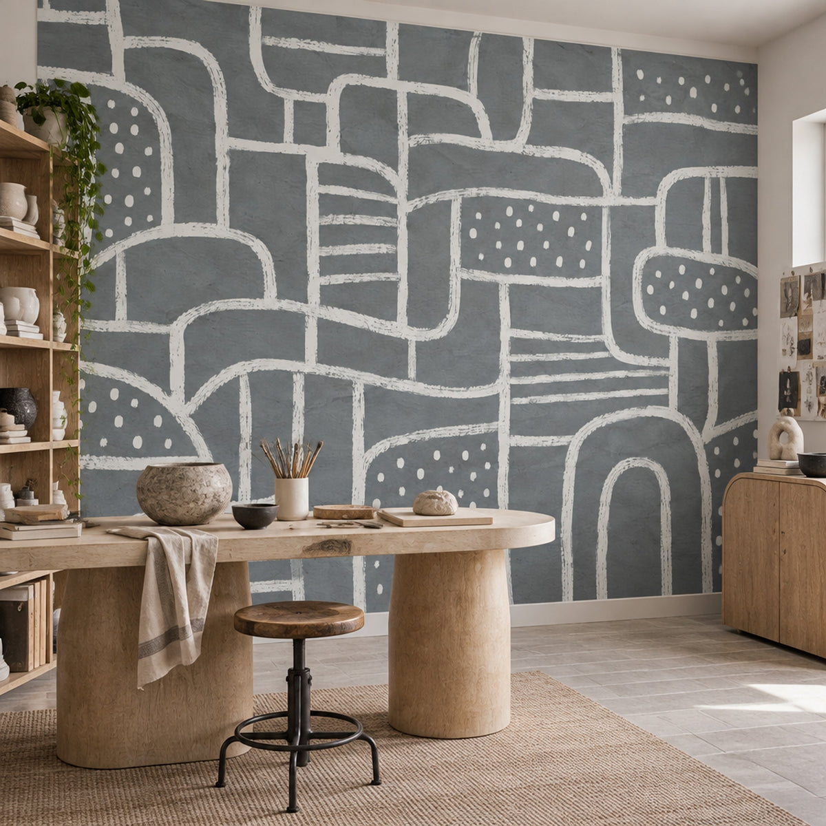 Soyut Çizgili Poster Duvar Kağıdı Gri Beyaz Geometrik Desen