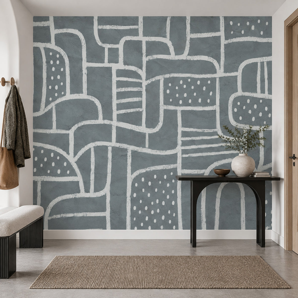 Soyut Çizgili Poster Duvar Kağıdı Gri Beyaz Geometrik Desen