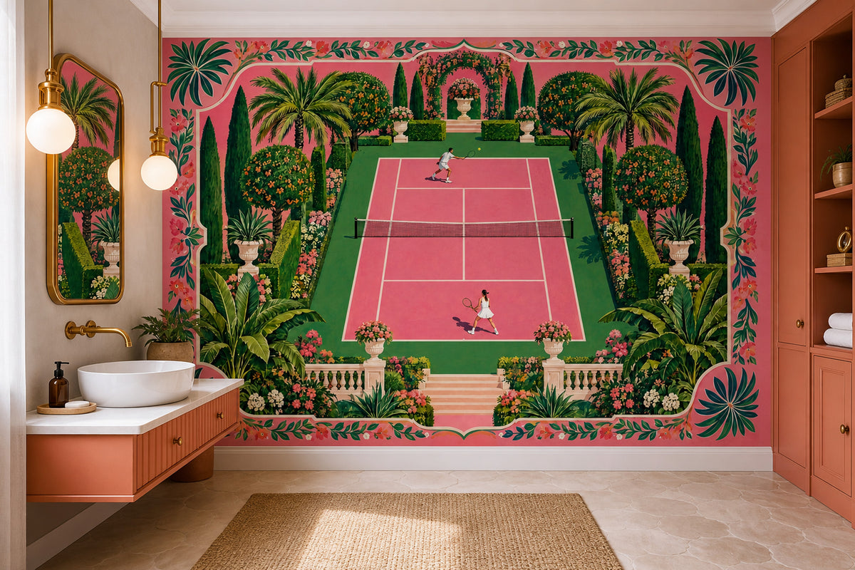 Tenis Kortu Poster Duvar Kağıdı Pembe Yeşil Bahçe Desenli