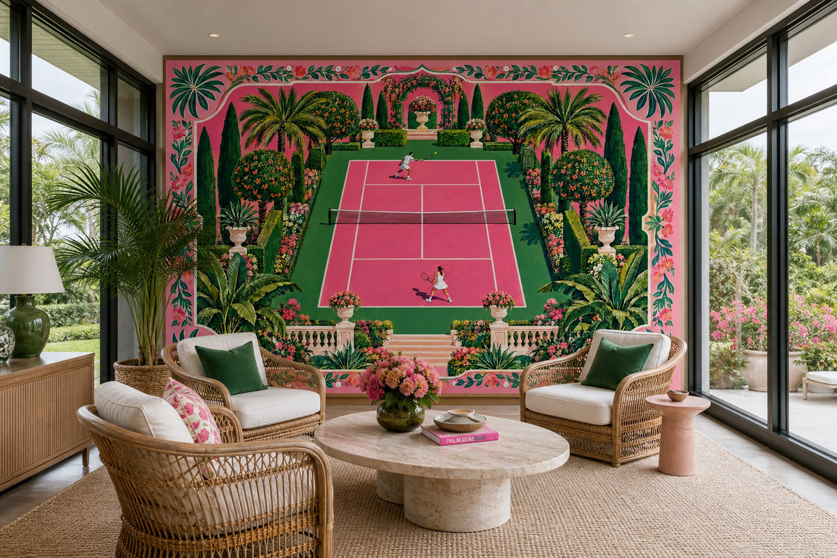 Tenis Kortu Poster Duvar Kağıdı Pembe Yeşil Bahçe Desenli