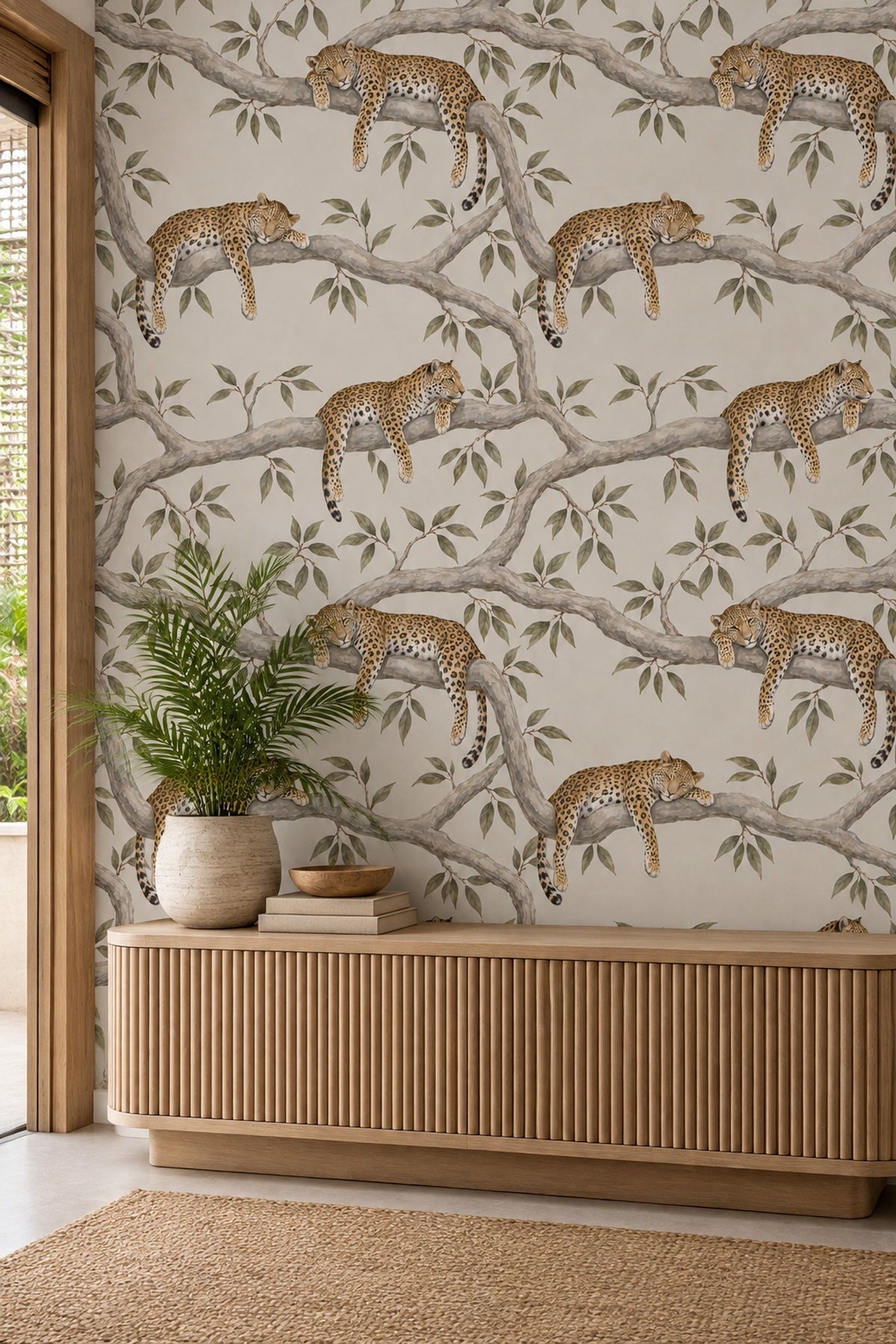 Leopar Desenli Duvar Kağıdı Bej Safari Salon Dekoru