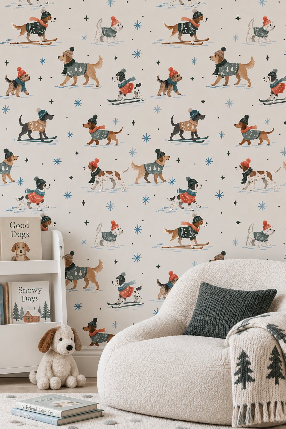 Kışlık Köpek Desenli Duvar Kağıdı Çocuk Odası Krem