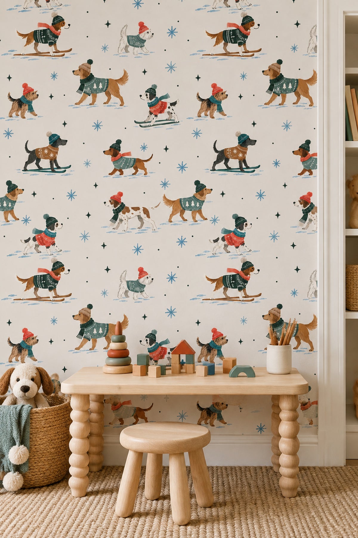 Kışlık Köpek Desenli Duvar Kağıdı Çocuk Odası Krem