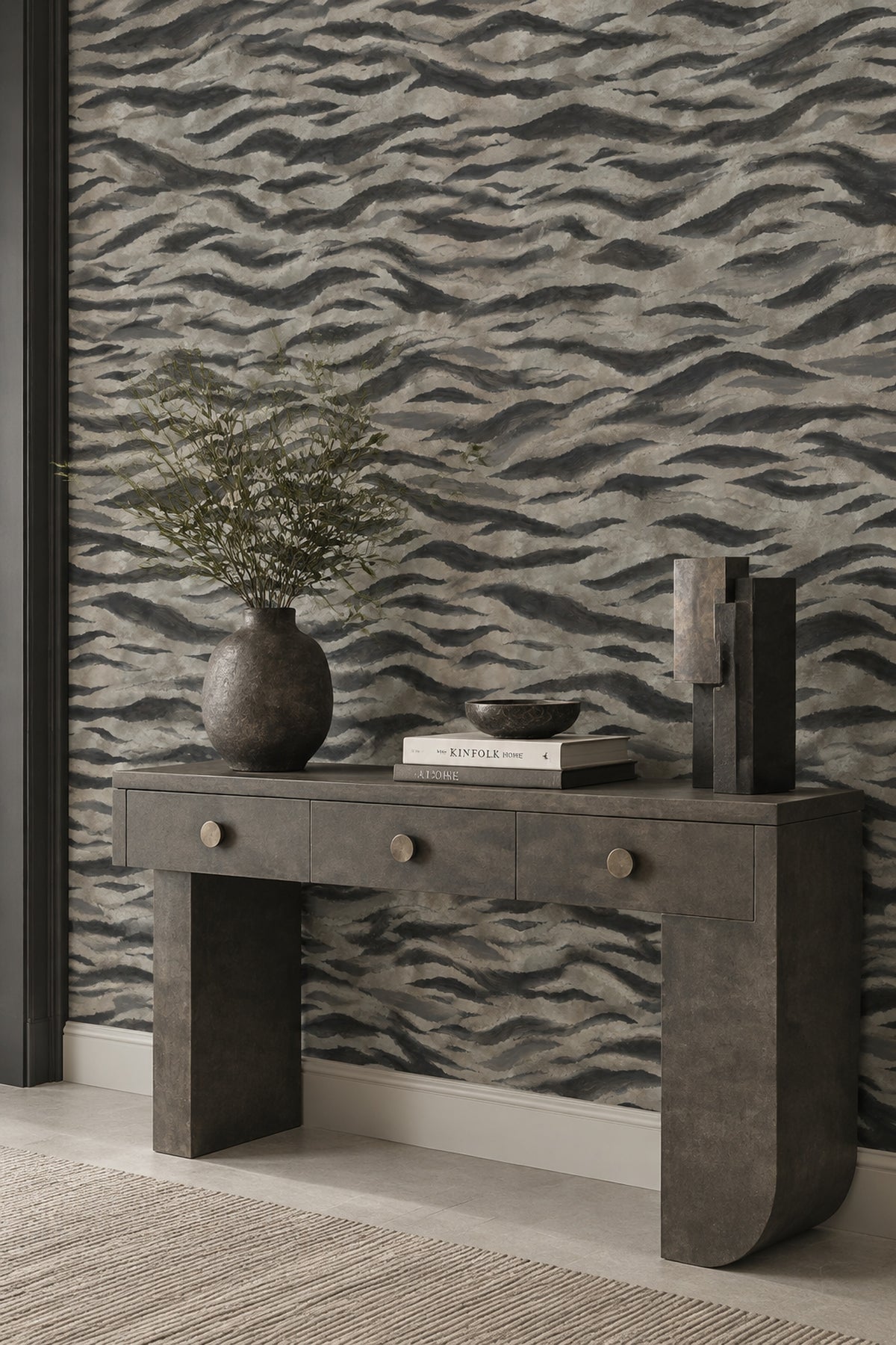 Dalga Desenli Duvar Kağıdı Siyah Gri Modern Salon