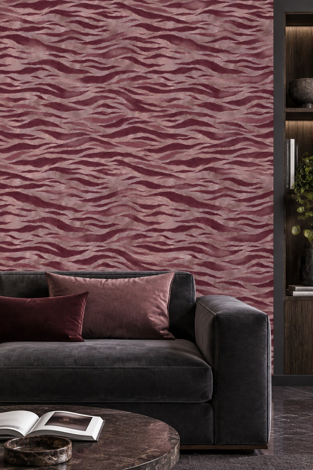 Dalgalı Soyut Desenli Duvar Kağıdı Bordo Bej Salon