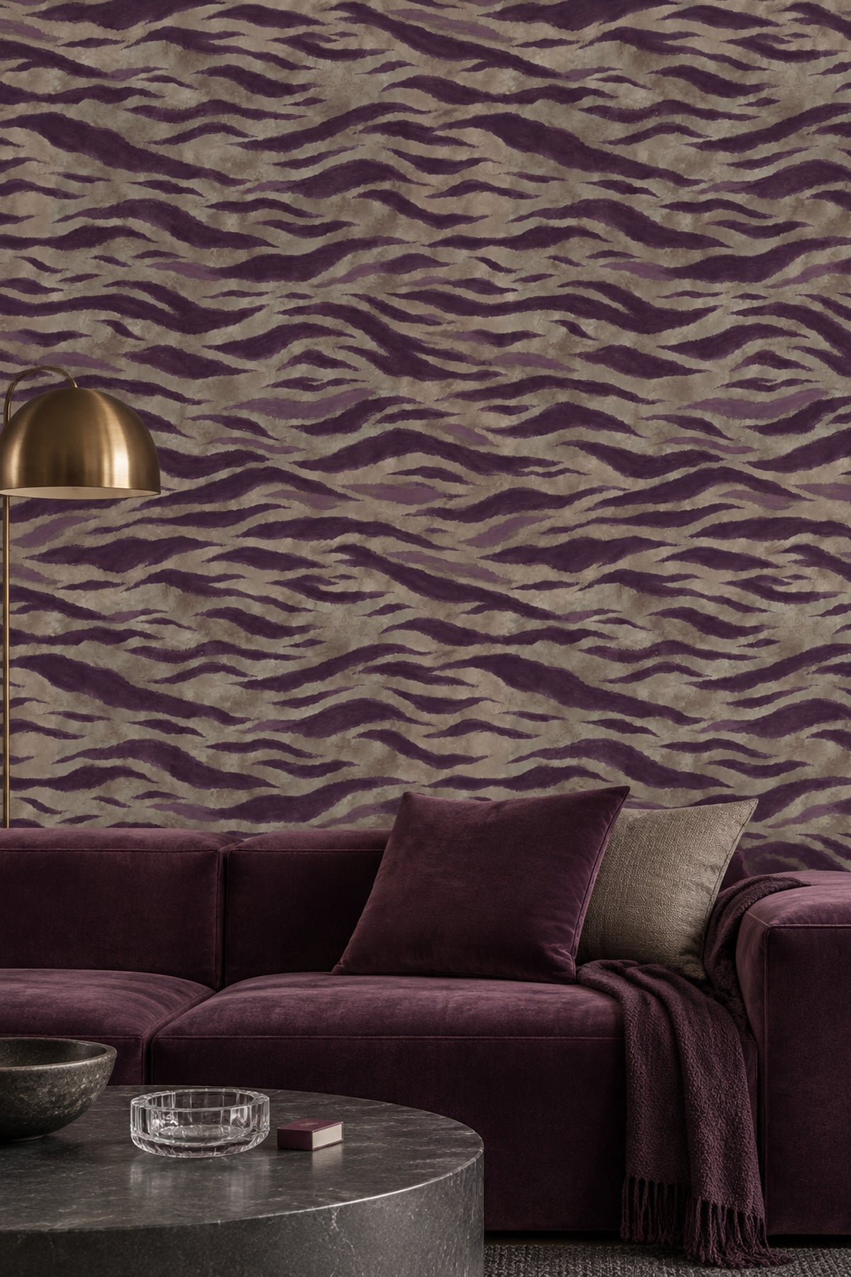 Dalga Desenli Duvar Kağıdı Mor Bej Modern Salon