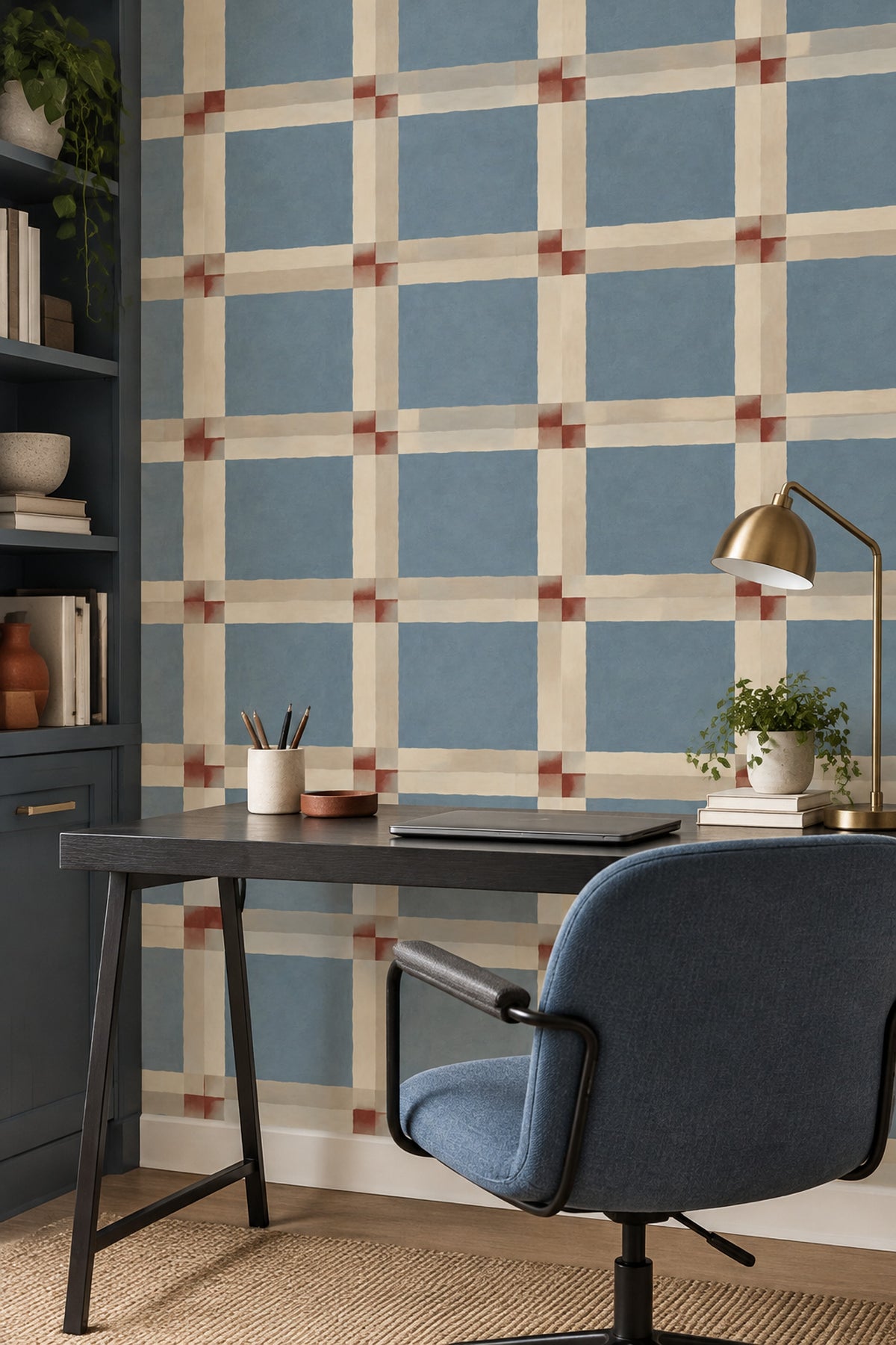 Mavi Ekose Desenli Duvar Kağıdı Modern Salon Dekoru