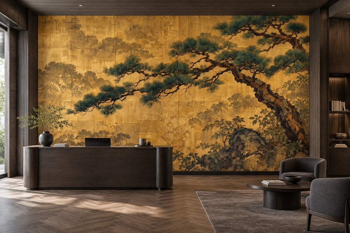 Japon Çam Ağacı Poster Duvar Kağıdı Altın Fonlu Salon