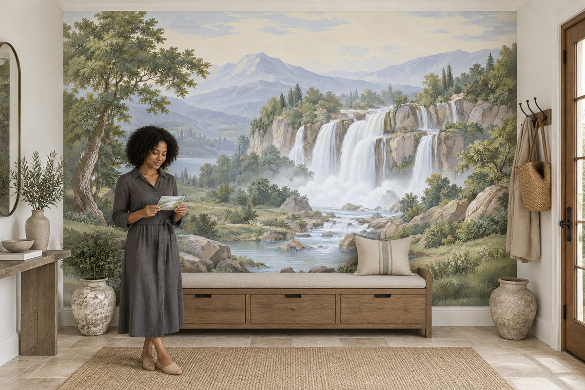 Şelale ve Dağ Manzaralı Poster Duvar Kağıdı Yeşil Salon