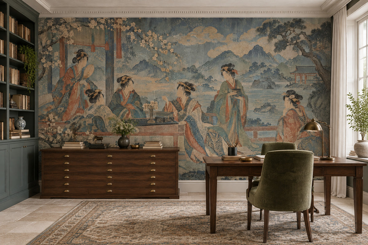 Japon Sanatı Figürlü Poster Duvar Kağıdı Yeşil Salon