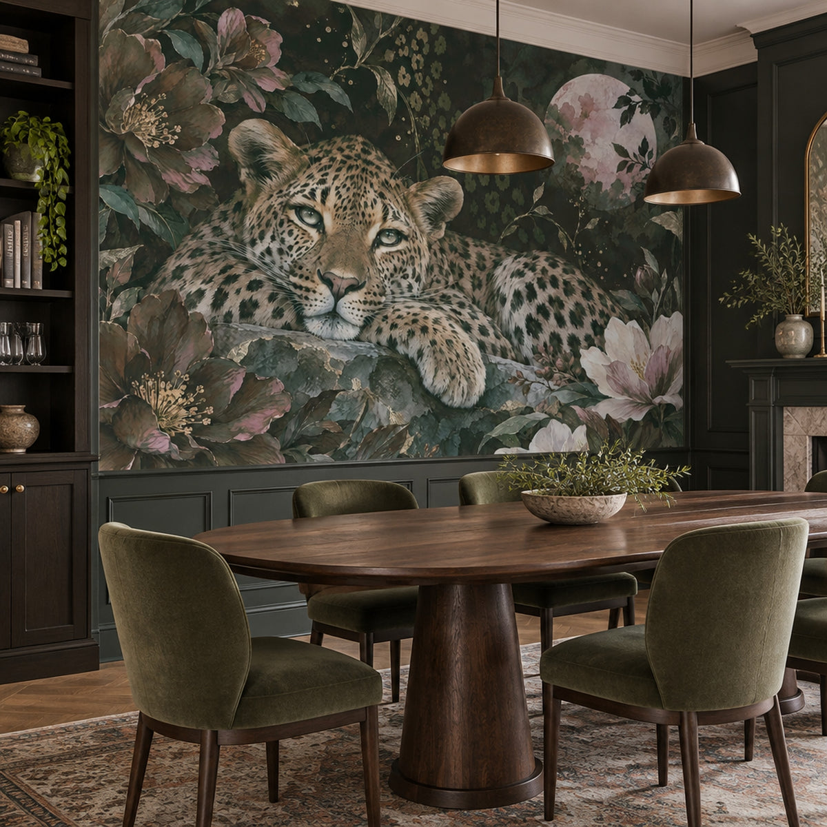 Leoparlı Çiçek Desenli Poster Duvar Kağıdı Koyu Yeşil Salon