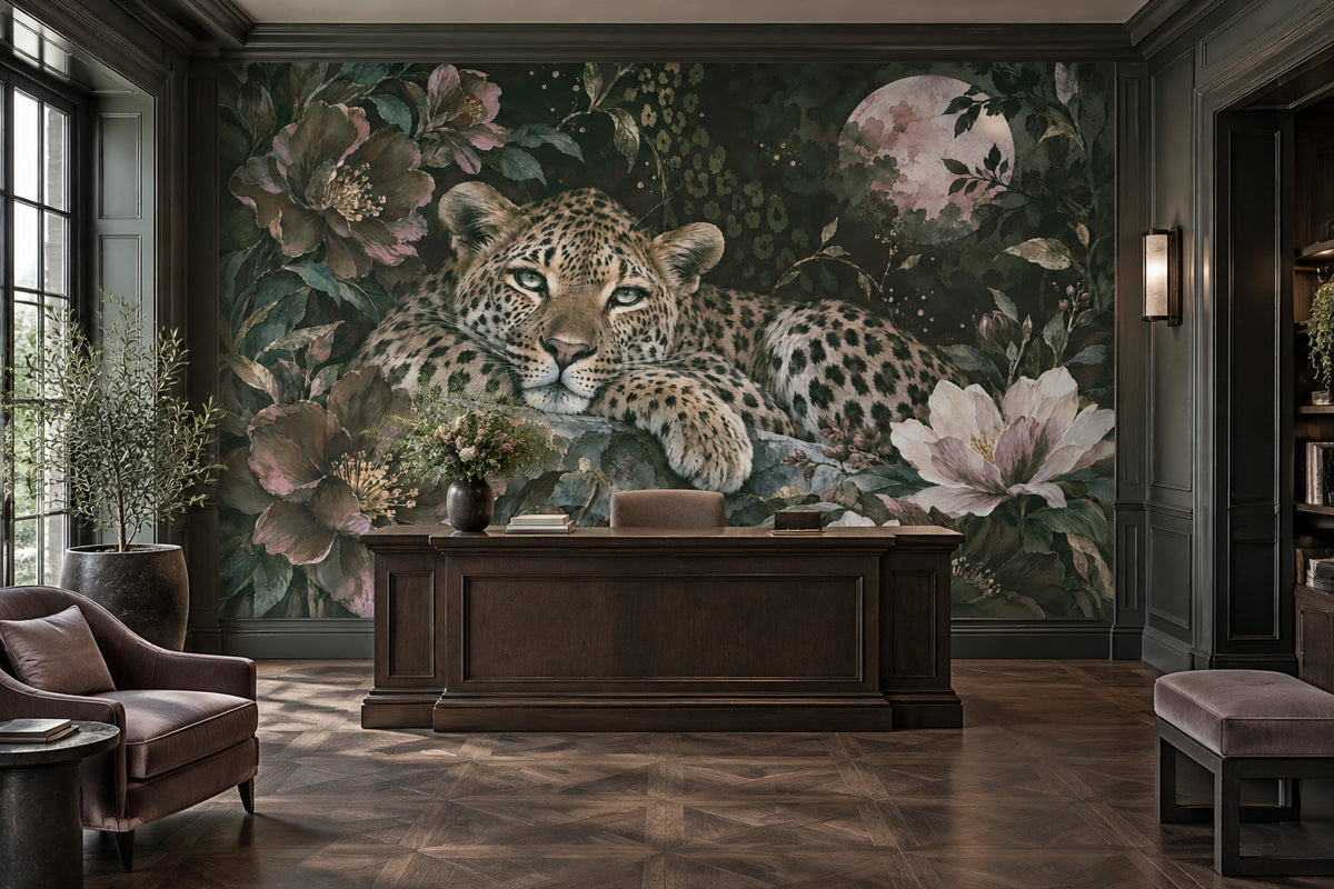 Leoparlı Çiçek Desenli Poster Duvar Kağıdı Koyu Yeşil Salon