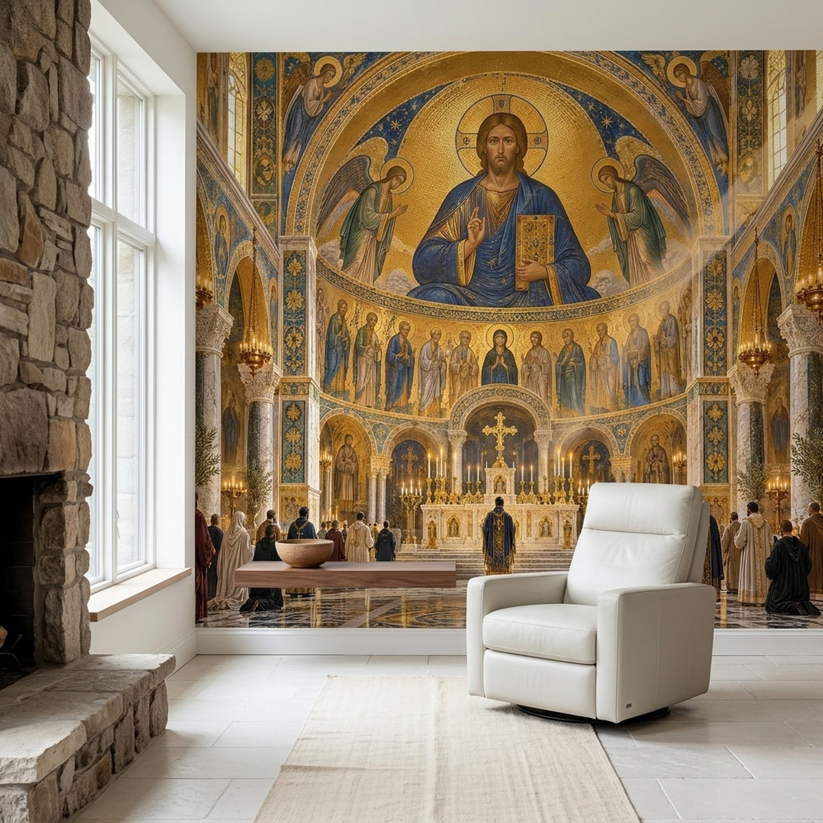 Kilise İçi Mozaik Poster Duvar Kağıdı Altın Mavi Kubbeli