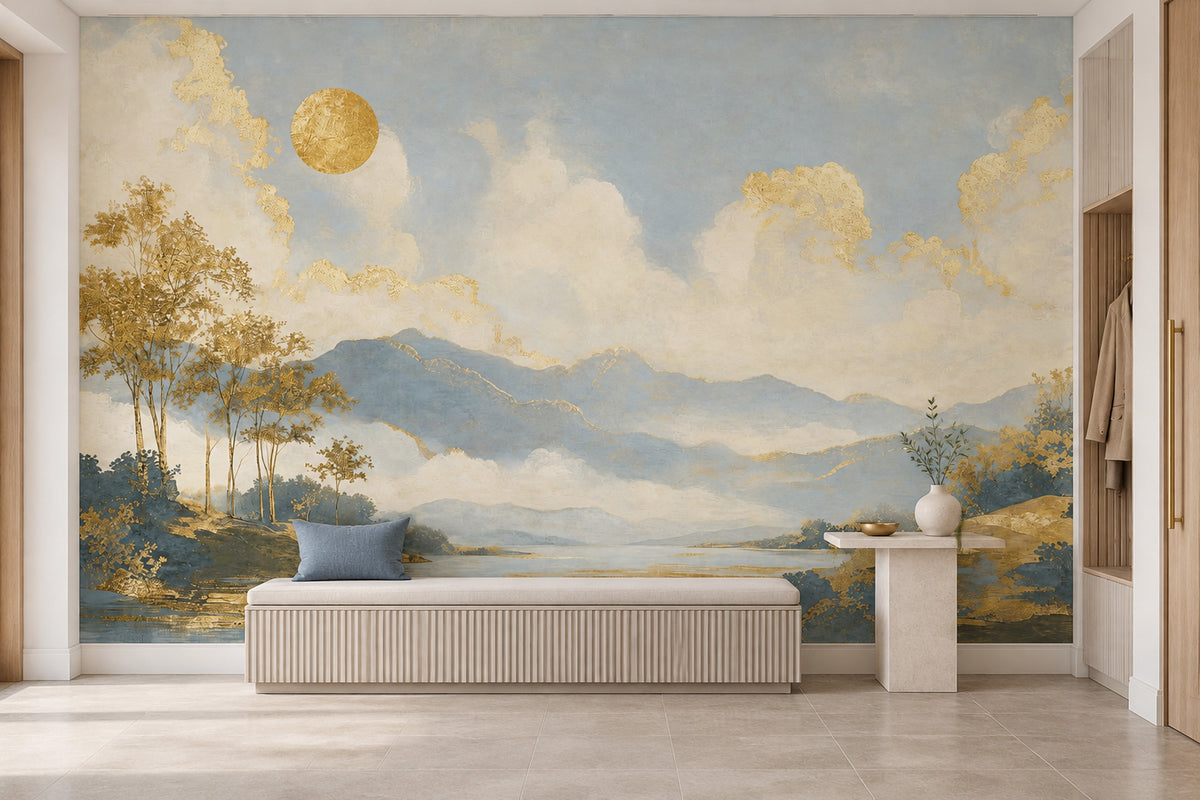 Mavi Dağ Manzaralı Poster Duvar Kağıdı Altın Bulut Desenli