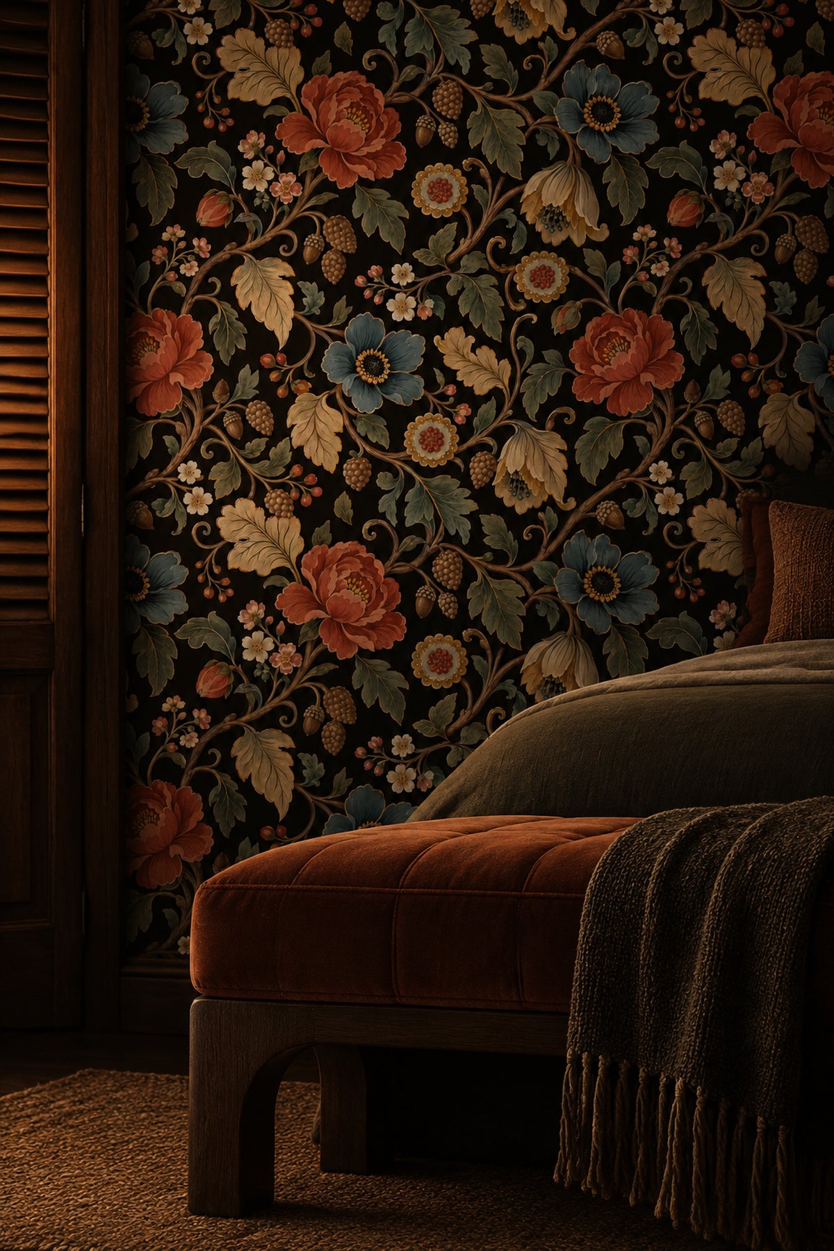 Vintage Çiçekli Duvar Kağıdı Siyah Zeminli Klasik Desen