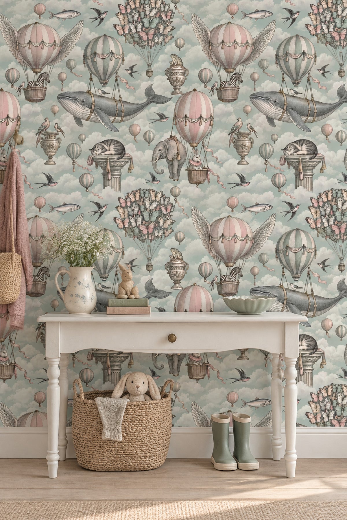 Balon ve Balinalı Duvar Kağıdı Pastel Bulutlu Çocuk Odası