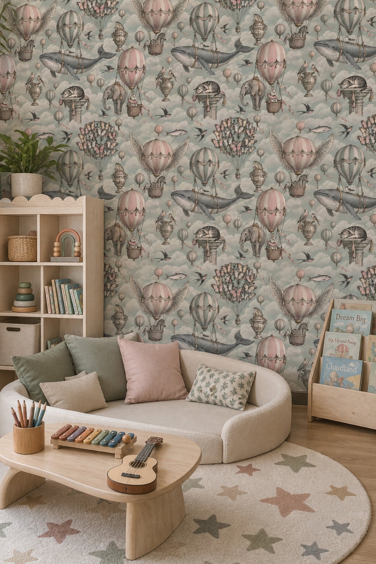 Balon ve Balinalı Duvar Kağıdı Pastel Bulutlu Çocuk Odası
