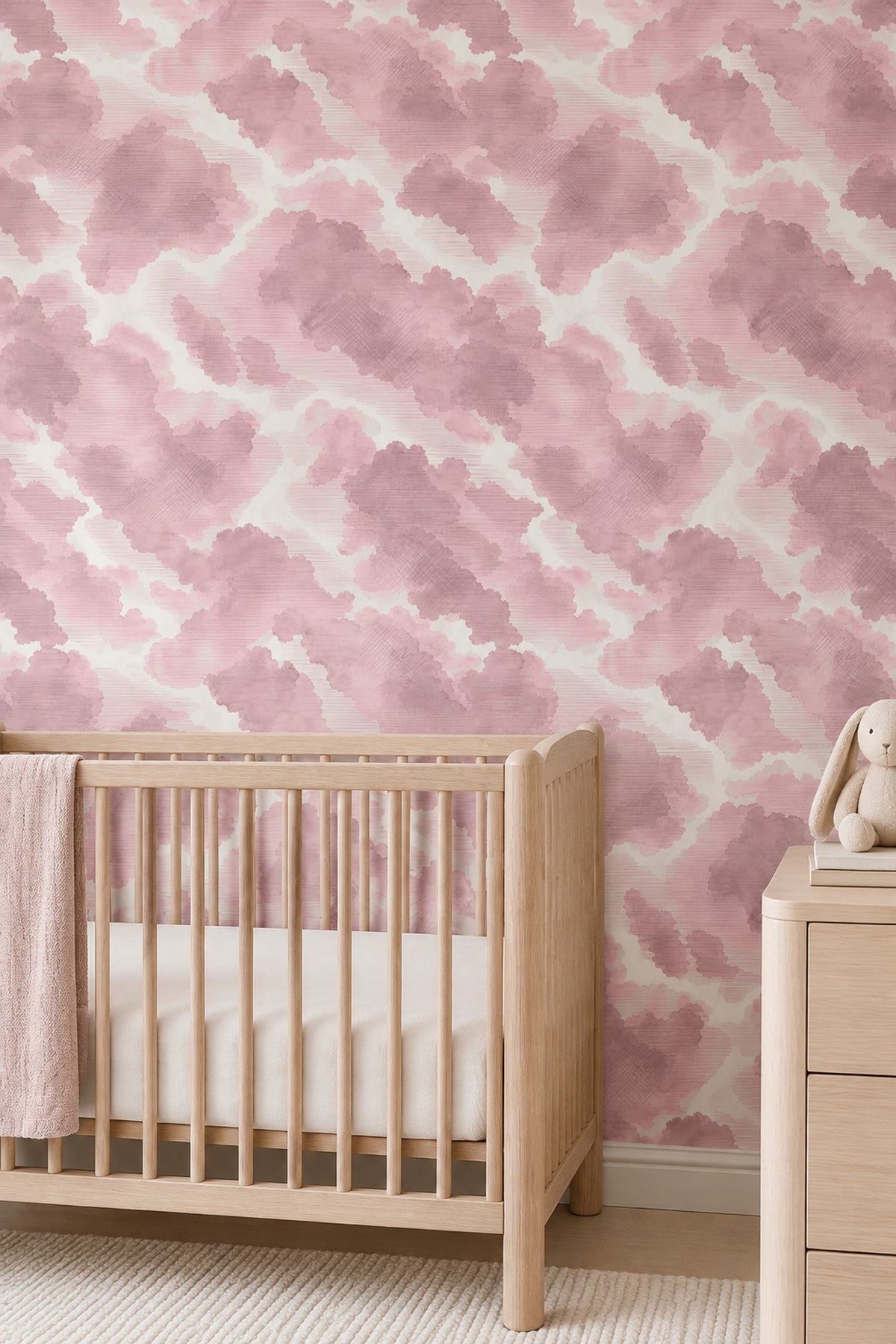 Pembe Bulut Desenli Duvar Kağıdı Pastel Salon Duvar Dekoru
