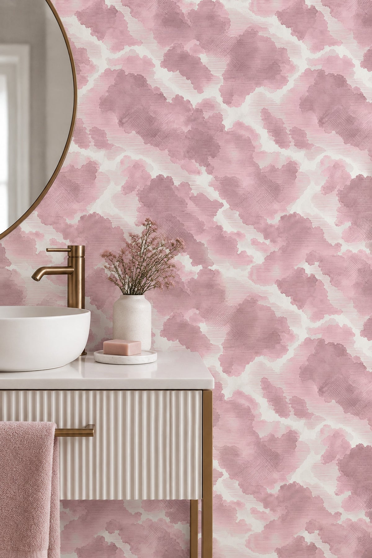 Pembe Bulut Desenli Duvar Kağıdı Pastel Salon Duvar Dekoru