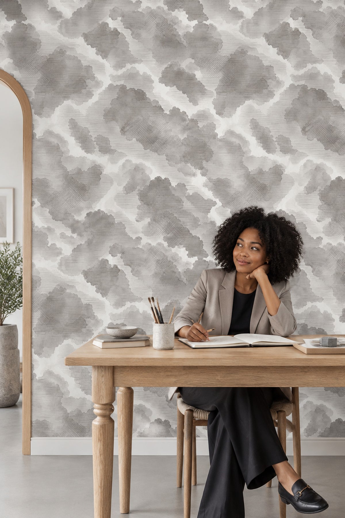 Gri Bulut Desenli Duvar Kağıdı Modern Salon Duvar Dekoru