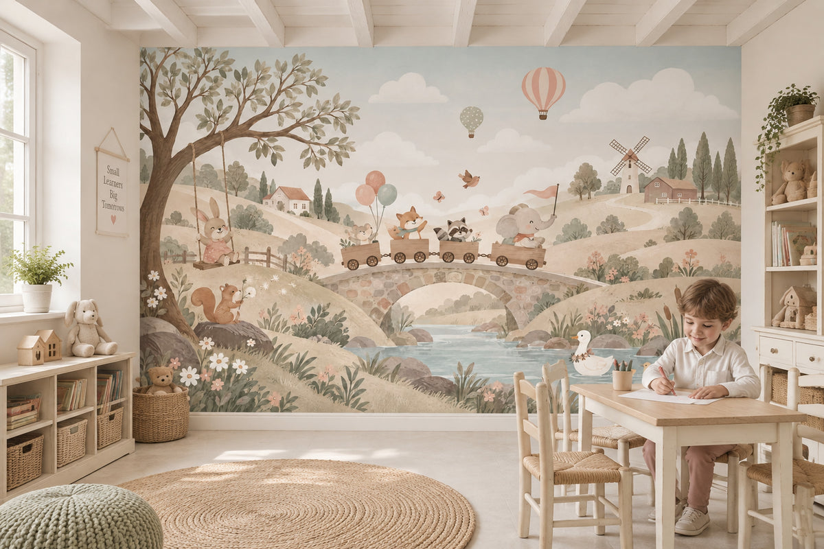 Sevimli Hayvanlı Tren Poster Duvar Kağıdı Pastel Çocuk Odası