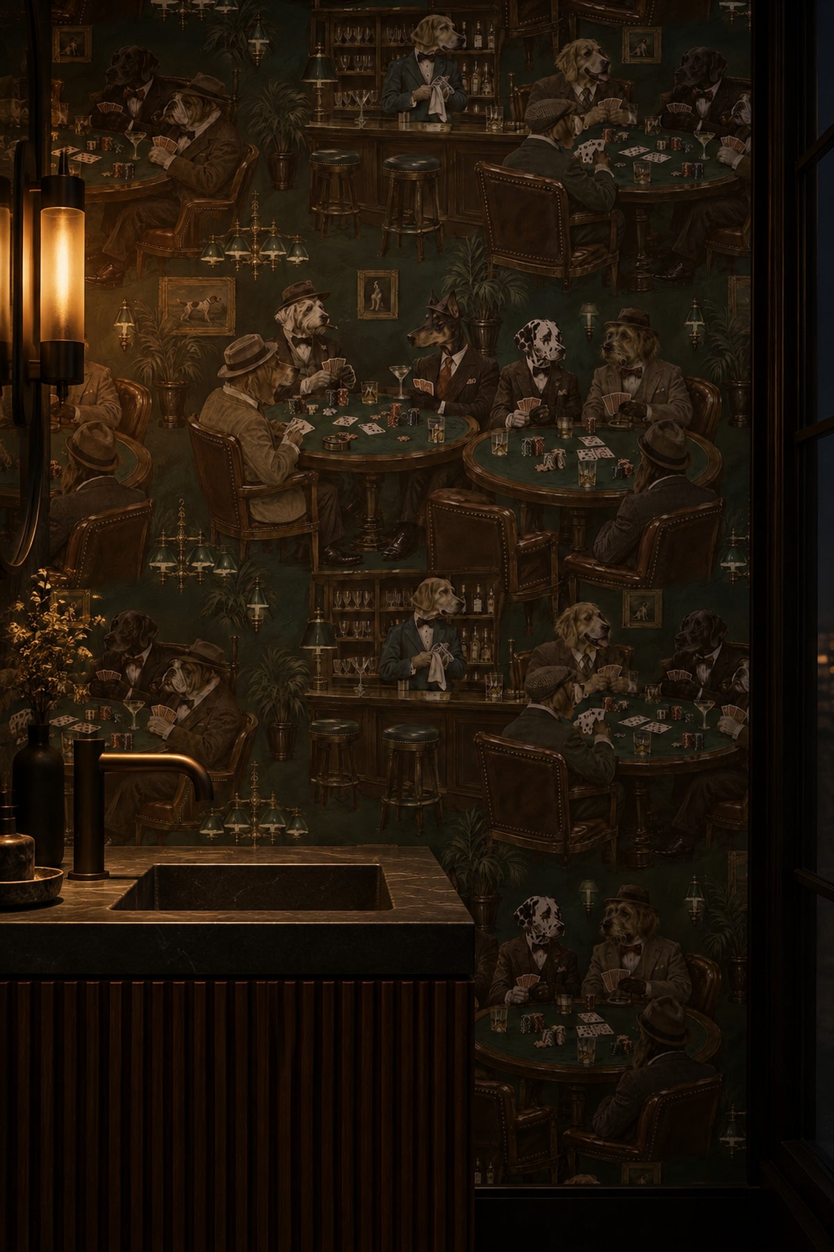 Köpekli Poker Kulübü Duvar Kağıdı Koyu Yeşil Retro
