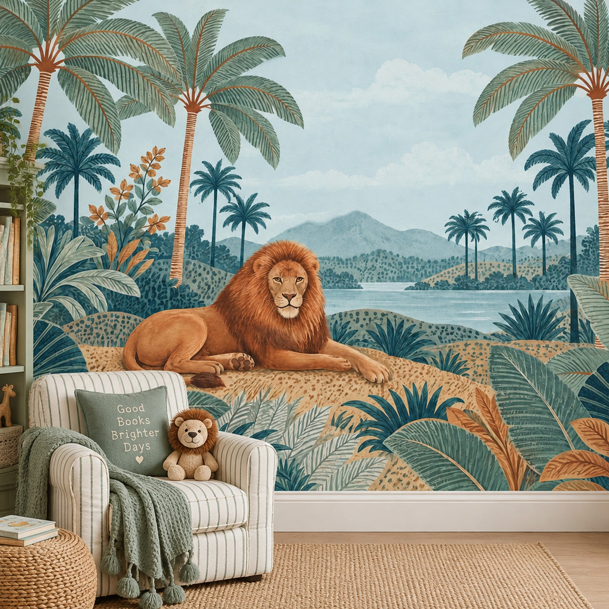 Aslanlı Safari Poster Duvar Kağıdı Mavi Yeşil Çocuk Odası