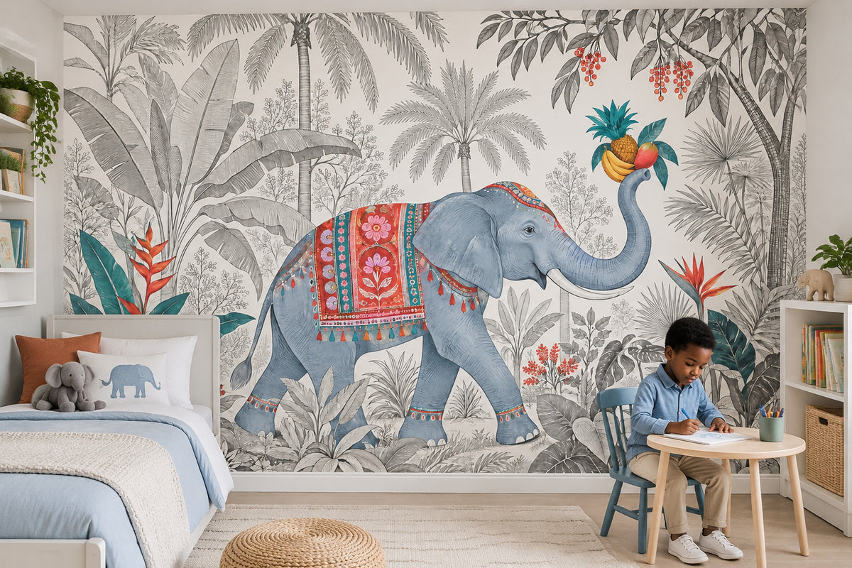 Tropikal Fil Poster Duvar Kağıdı Gri Çocuk Odası Desenli