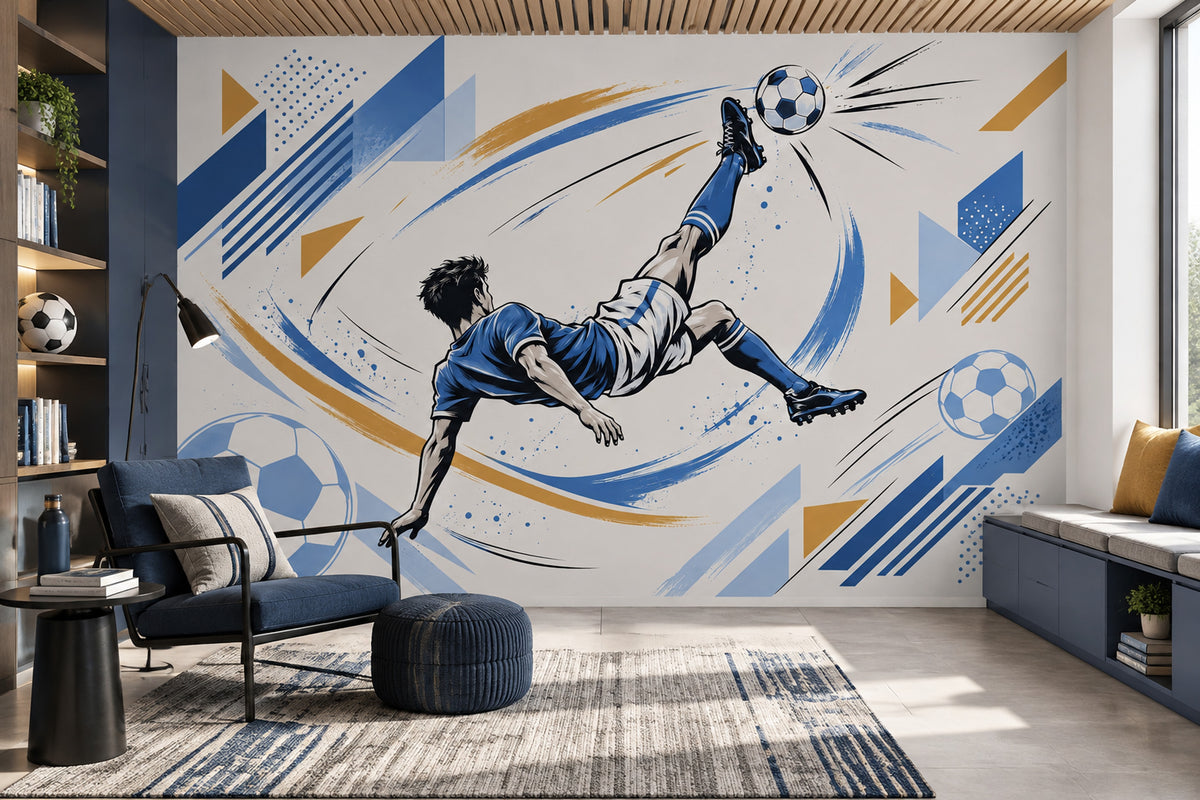 Futbolcu İllüstrasyonlu Poster Duvar Kağıdı Mavi Beyaz Genç Odası