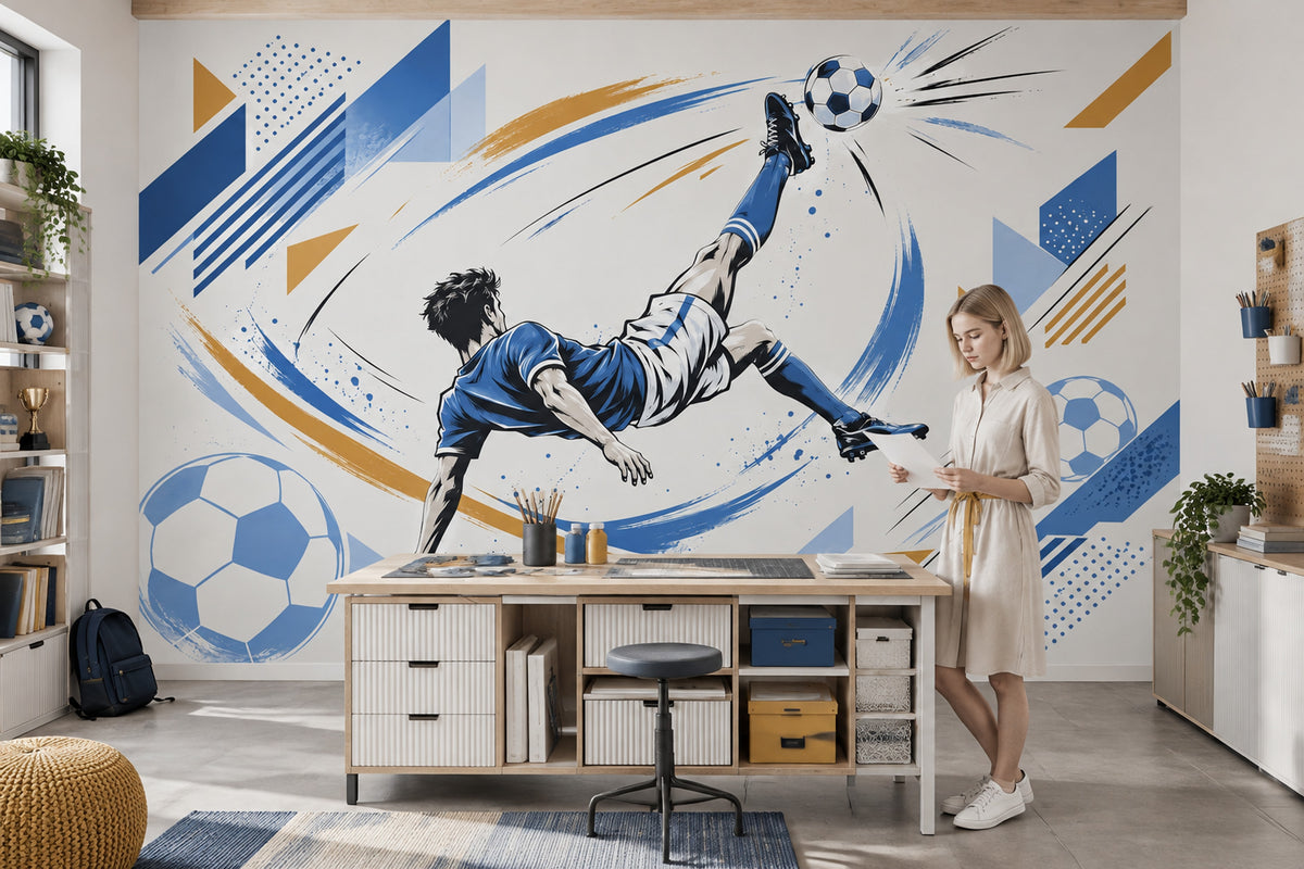 Futbolcu İllüstrasyonlu Poster Duvar Kağıdı Mavi Beyaz Genç Odası