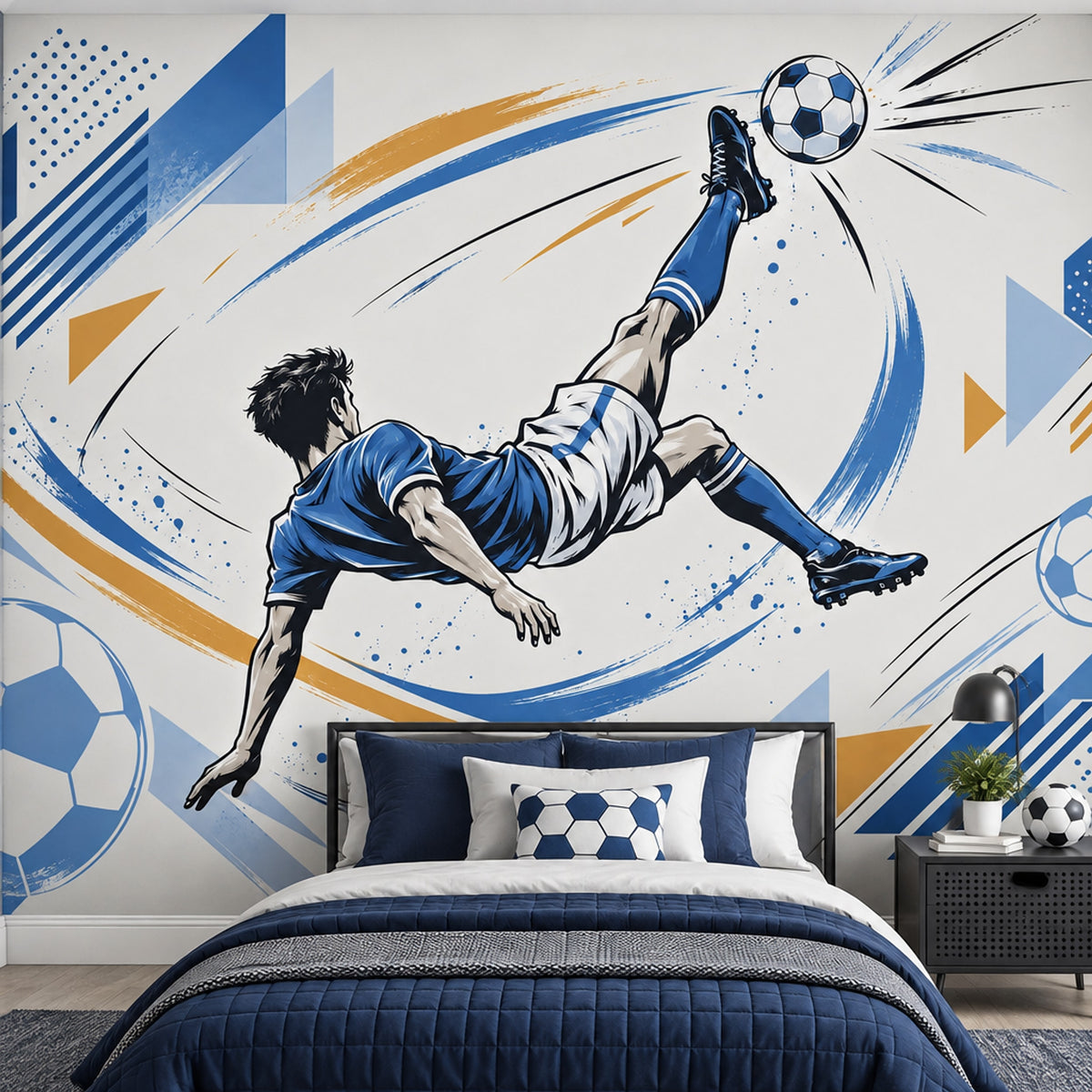 Futbolcu İllüstrasyonlu Poster Duvar Kağıdı Mavi Beyaz Genç Odası