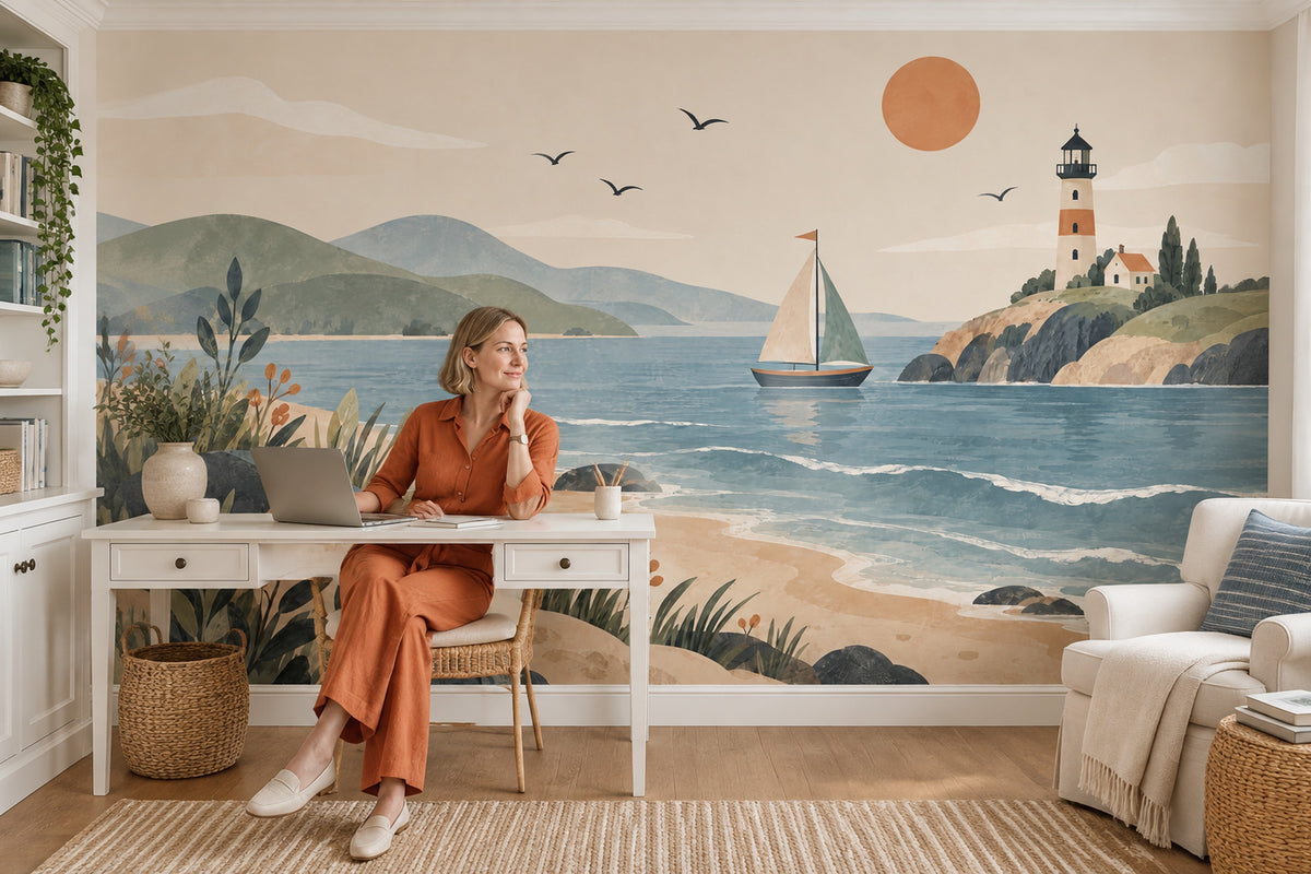 Deniz Fenerli Sahil Manzarası Poster Duvar Kağıdı Mavi Salon