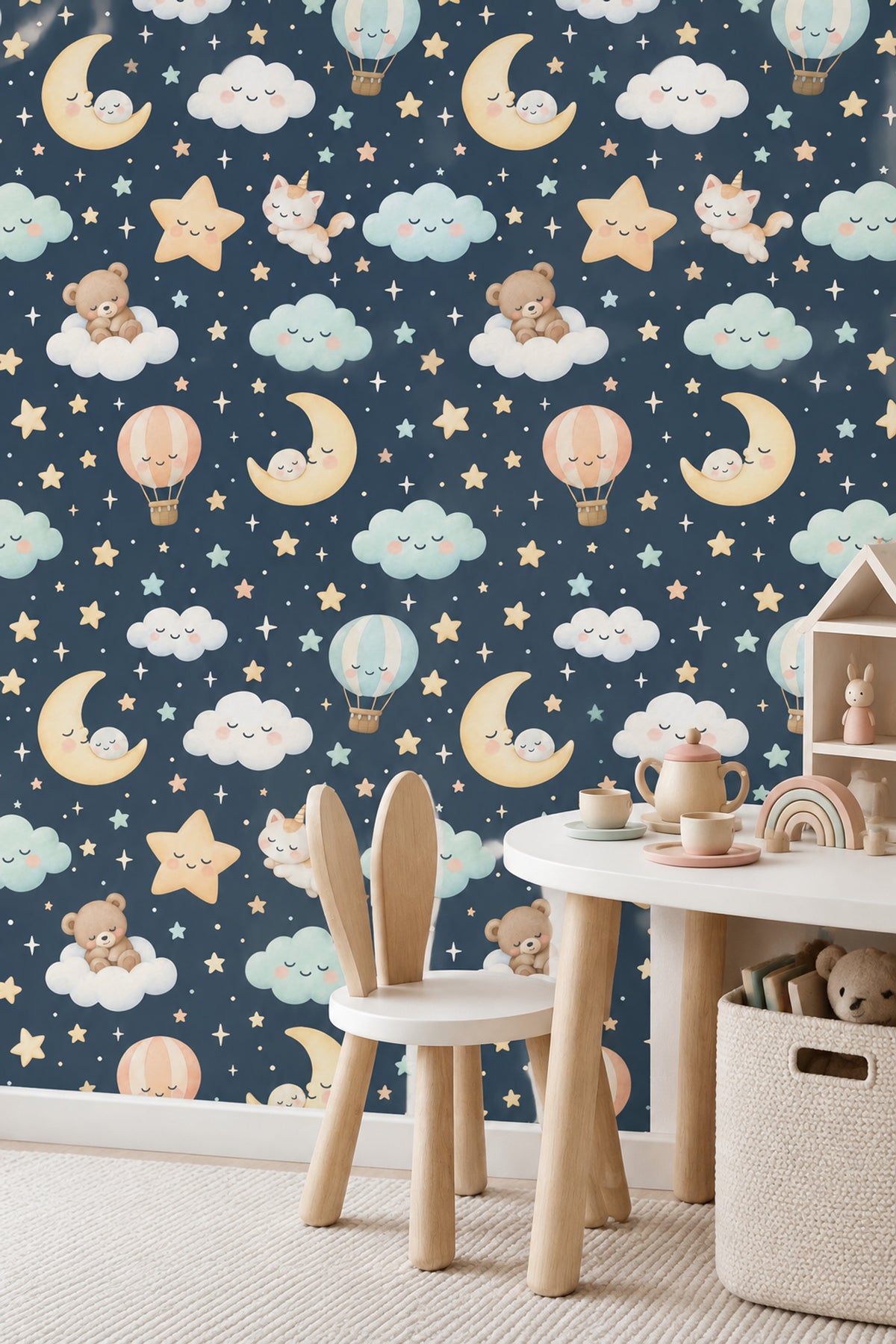Ay Yıldız Bulut Desenli Duvar Kağıdı Lacivert Çocuk Odası
