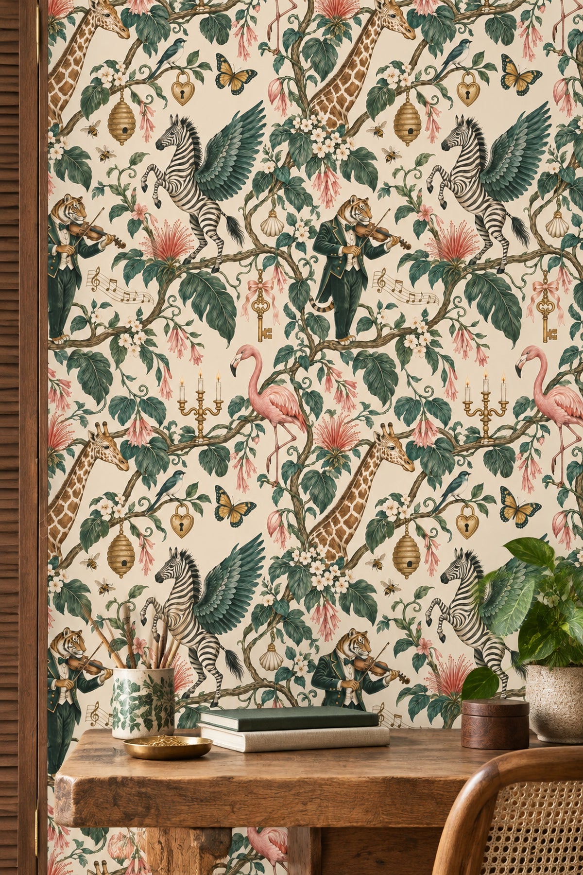Vintage Hayvanlı Duvar Kağıdı Yeşil Yaprak Desenli Salon