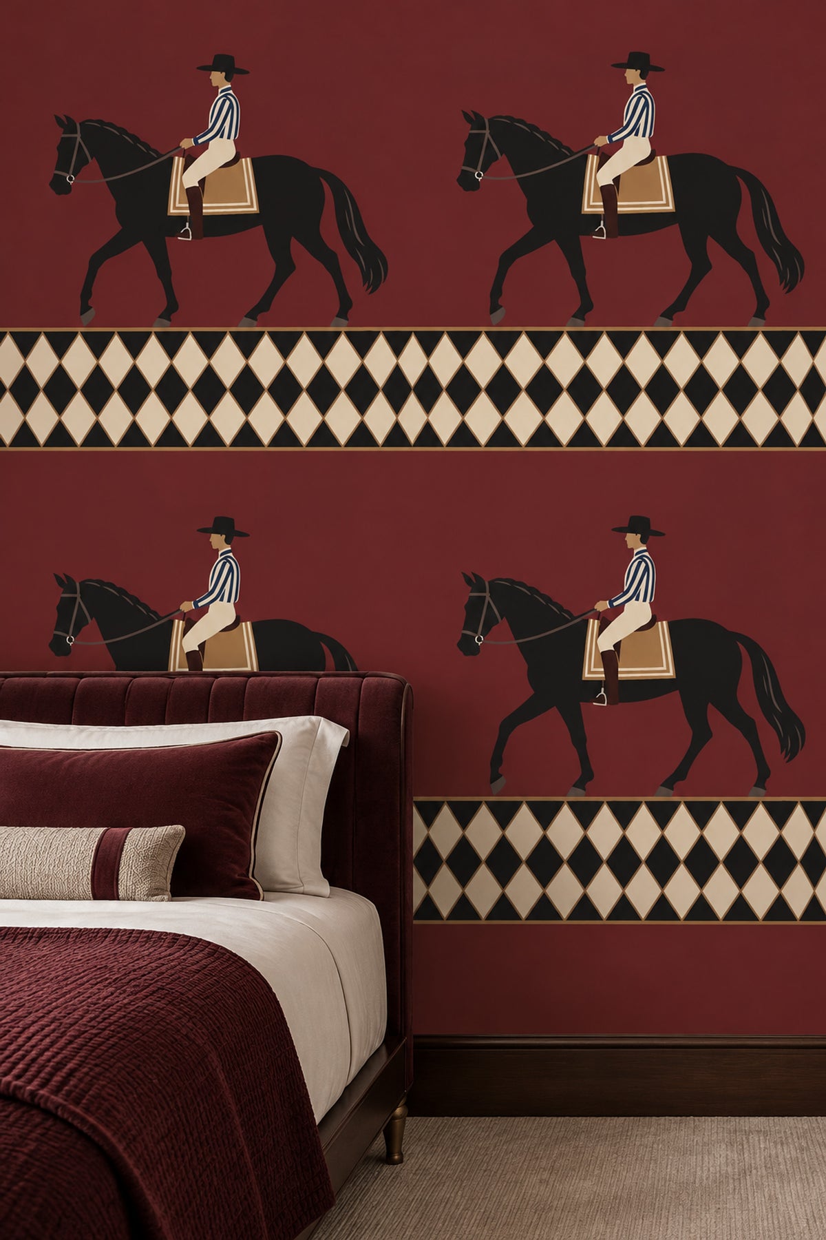 Atlı Binici Figürlü Duvar Kağıdı Bordo Retro Desenli