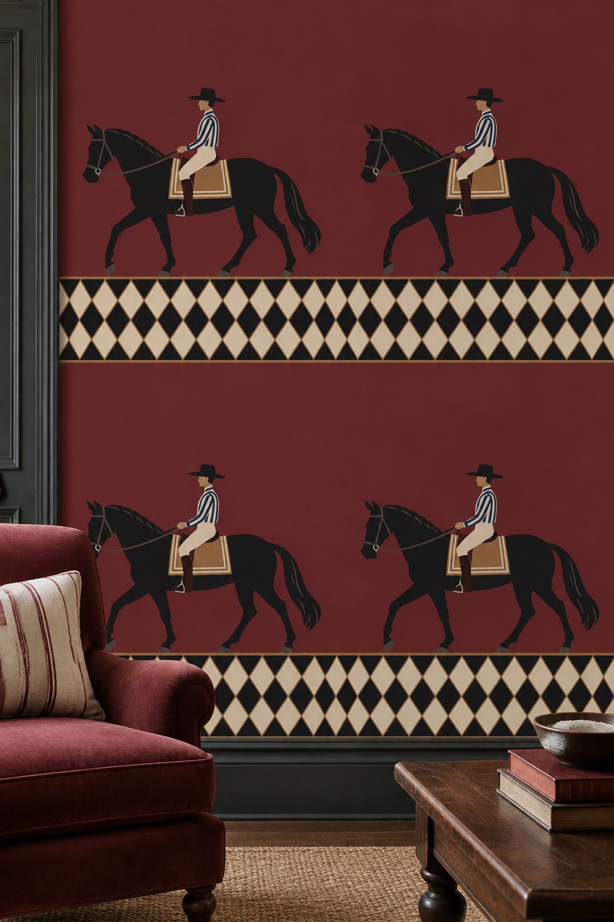 Atlı Binici Figürlü Duvar Kağıdı Bordo Retro Desenli