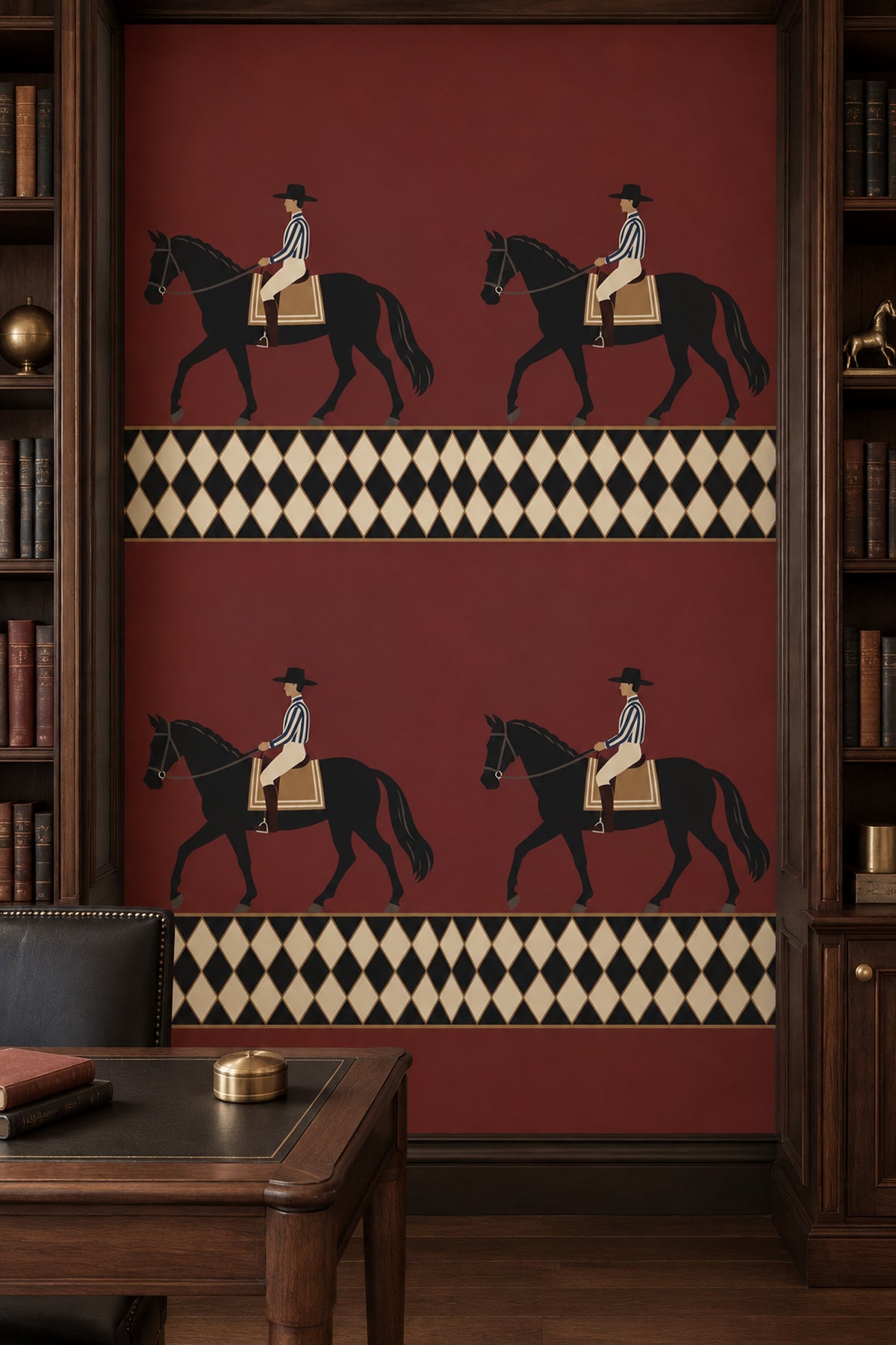 Atlı Binici Figürlü Duvar Kağıdı Bordo Retro Desenli