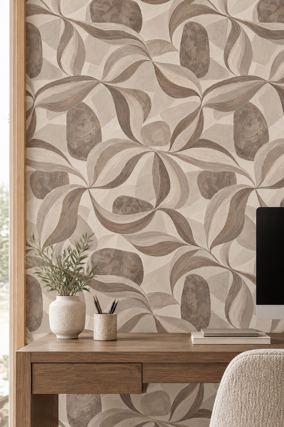 Geometrik Yaprak Desenli Duvar Kağıdı Bej Kahverengi Salon