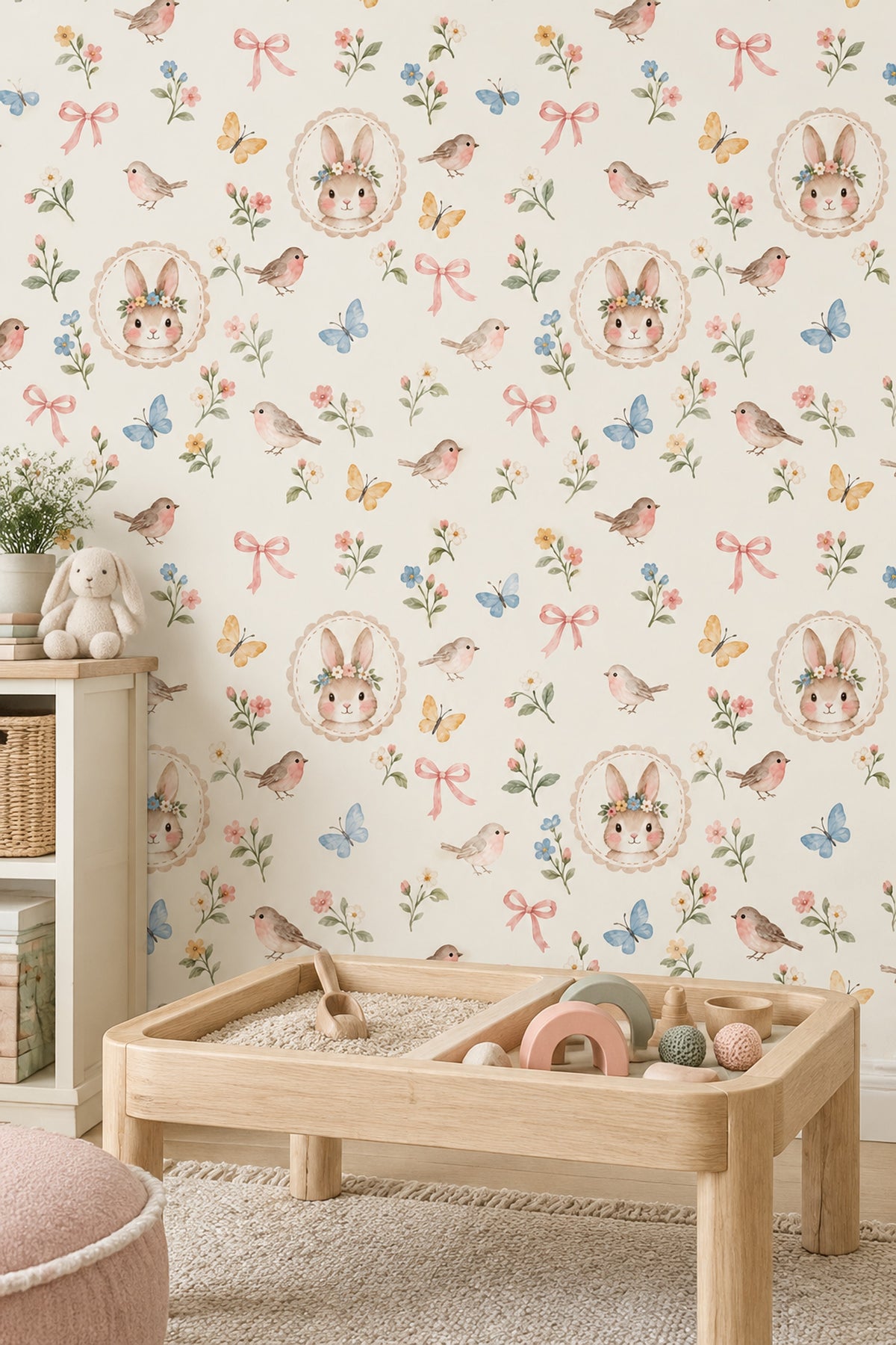Tavşanlı Kuşlu Duvar Kağıdı Pastel Çiçekli Çocuk Odası