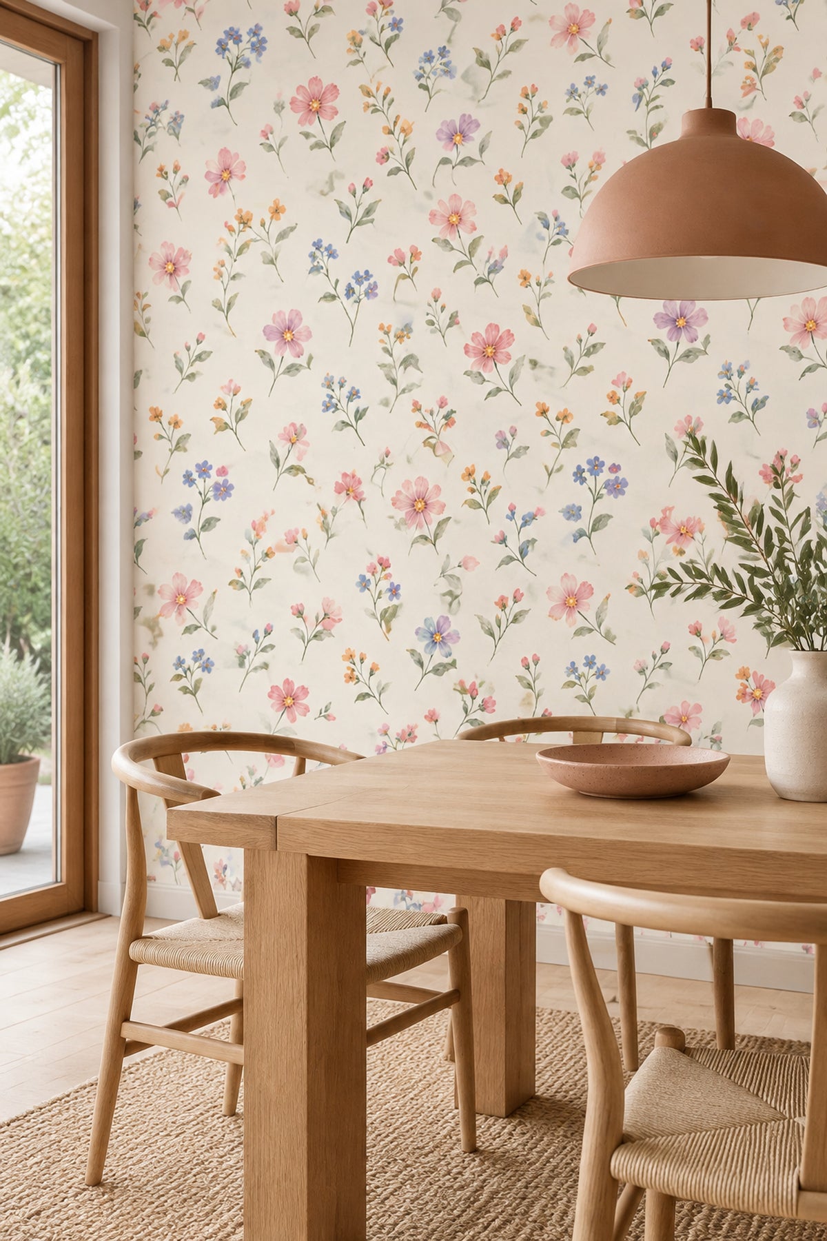 Pastel Çiçek Desenli Duvar Kağıdı Krem Zemin Salon