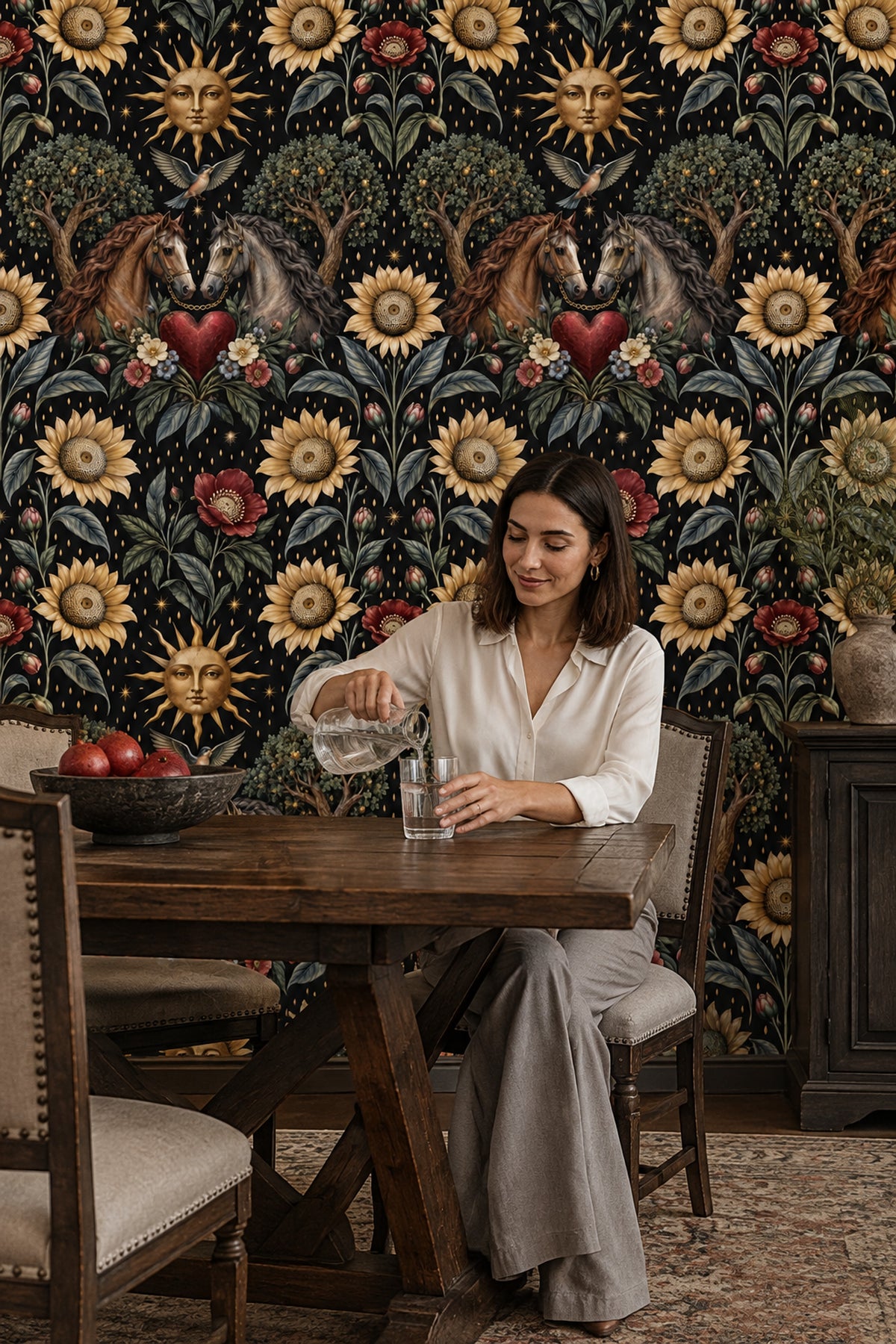 Atlı Güneş Motifli Duvar Kağıdı Siyah Vintage Desen