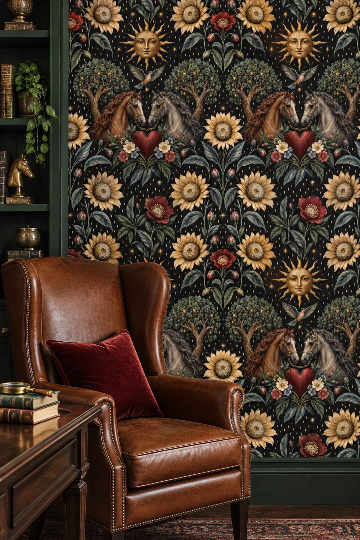 Atlı Güneş Motifli Duvar Kağıdı Siyah Vintage Desen